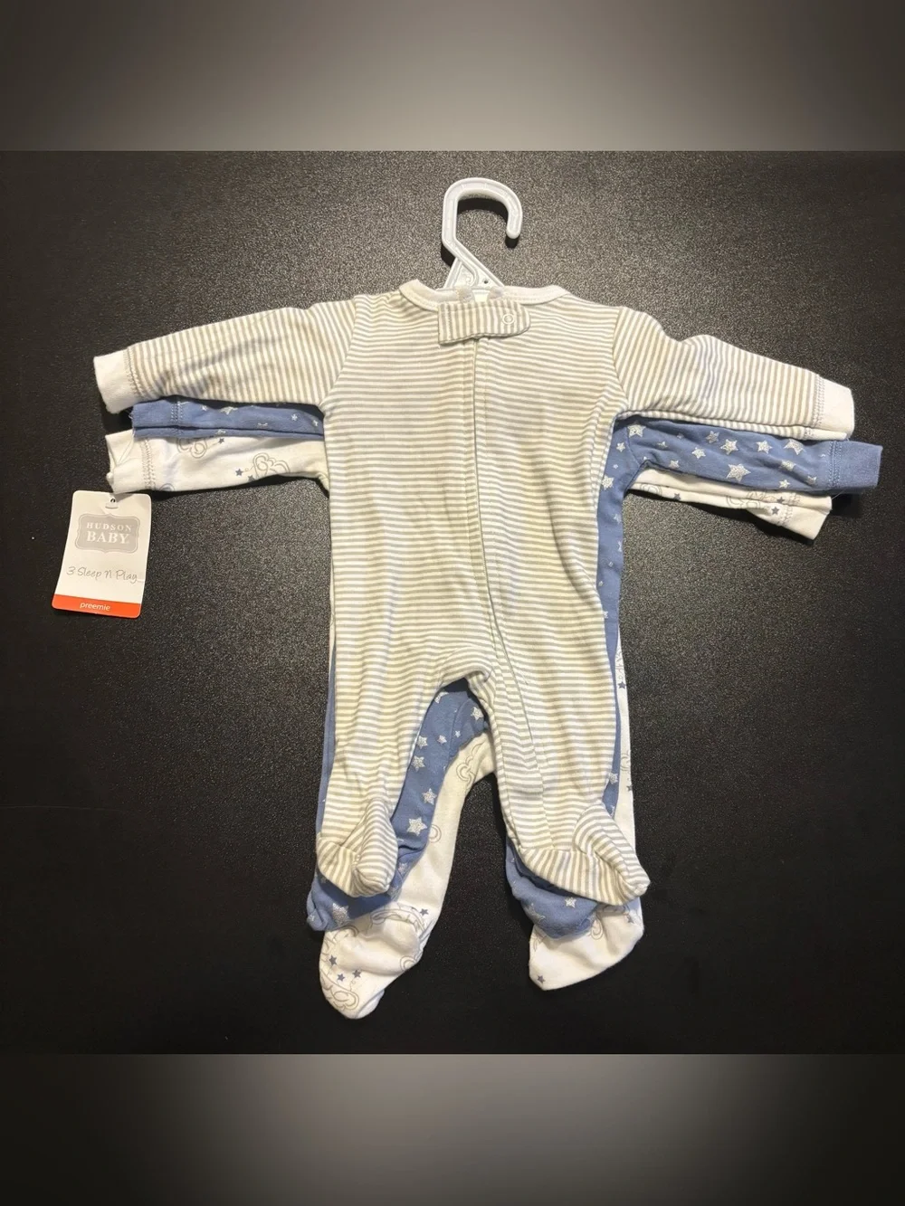 Hudson Baby 3-Pack Footed One-Piece Set in Blue and Cream nwt